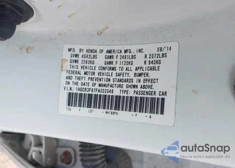 2015 Honda Accord Ex-L V-6 from USA, damaged, VIN 1HGCR3F87FA000549